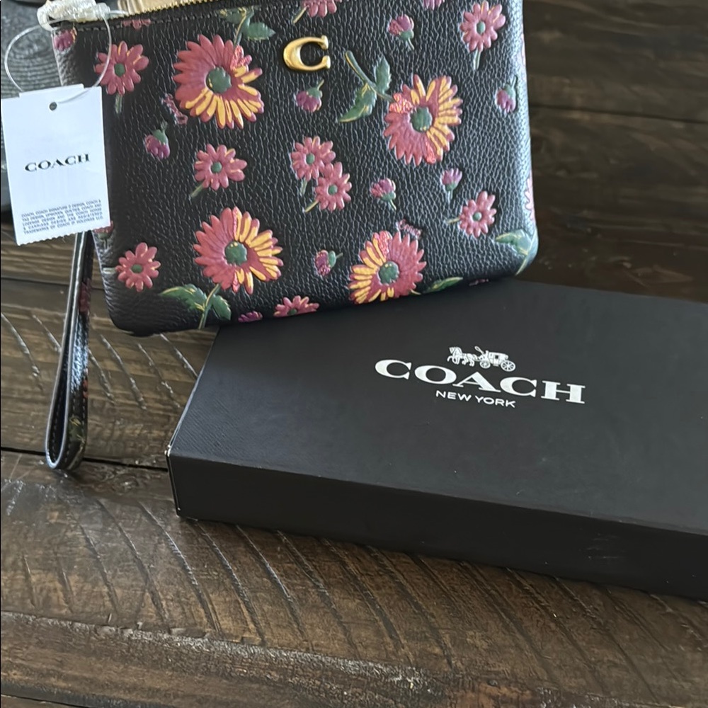 Coach Black and Pink Floral Wristlet